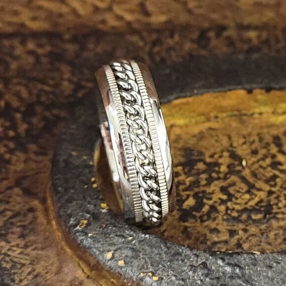 Men's Silver Chain Spinner Promise Ring Band - Anxiety Fidget Ring - Picture 4 of 8